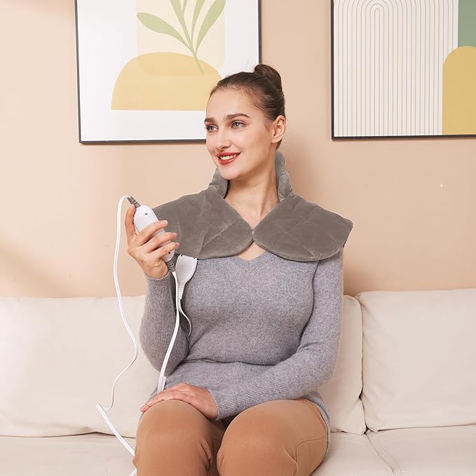 Ambershine 19''x24'' Weighted Neck & Shoulder Heating Pad, 2.5lbs with 12 Temperature Settings& 4 Auto-Off Timers, Pain Relief for Neck/Shoulder/Back, Christmas Gifts for Women Men Mom Dad(Light Tan)