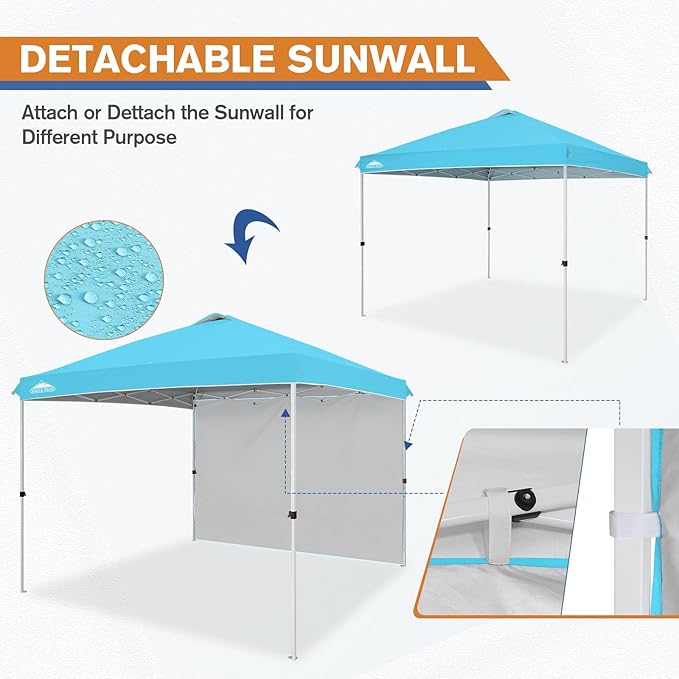 EAGLE PEAK Pop Up Canopy Tent with 1 Sidewall, Easy Setup Event Tent, Outdoor Sun Shade, Wheeled Carry Bag, Stakes and Guy Ropes, Instant Canopy 10x10, Light Blue