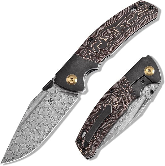 KANSEPT Hinterland Pocket Folding Knives for Men EDC Camping Folding Knife 3.58'' Damascus Blade Pocket Knife with Blackwash Titanium + Copper Carbon Fiber Handle Everyday Carry K1057A3