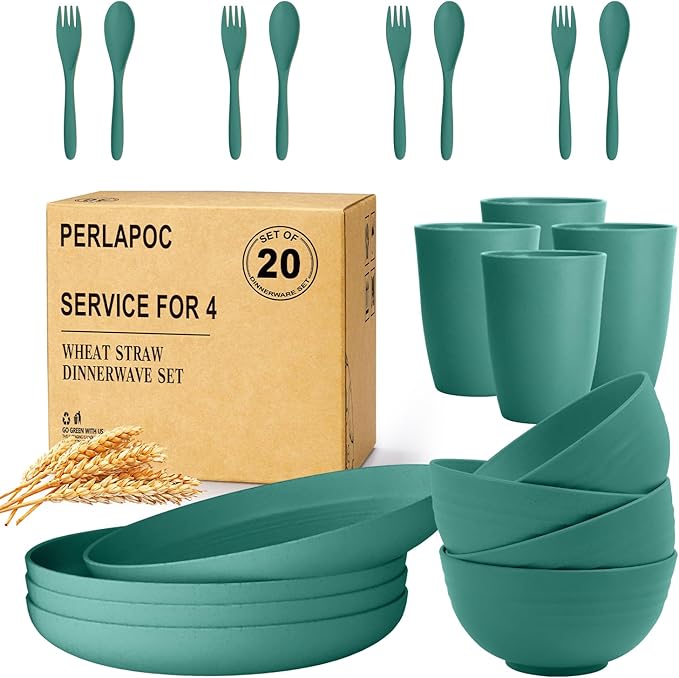 Wheat Straw Dinnerware Sets for 4, Unbreakable & Lightweight Plates and Bowls Sets, Travel Camping Cutlery Set, Dishwasher Microwave Safe 20-Piece Dinnerware - Dark Green