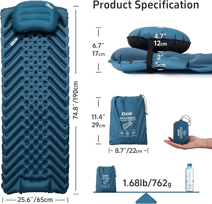 Ultralight Sleeping Pad Camping Inflatable Pillow for Camping Combo, Compact Backpacking Inflatable Sleeping Pad for Adults- Portable for Hiking, Travel - Durable & Comfortable