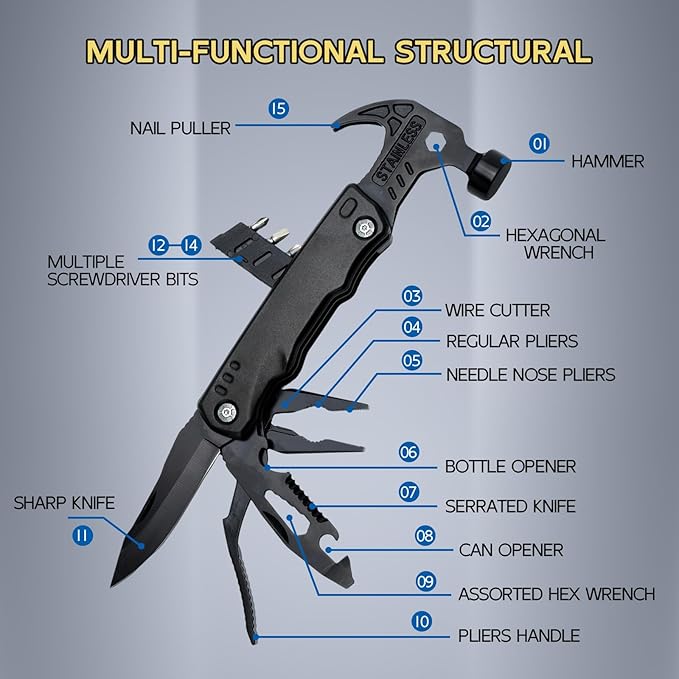 Multi-Functional Safety Hammer Multitool – 15-in-1 Heavy Duty Emergency Tool Kit with Pouch – Camping, Hiking, Fishing, Car Rescue Gear – Father's Day or Birthday Gifts for Dad