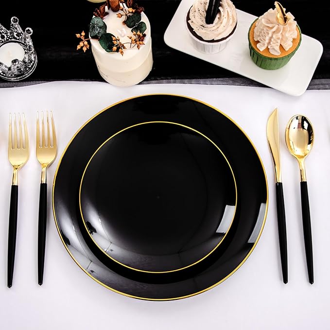 Nervure 150PCS Black Plastic Plates - Black and Gold Disposable Plates - Premium Heavyweight Gold Plastic Dinnerware with Black Silverware Ideal for Wedding & Halloween & New Year