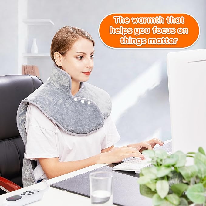 Mia&Coco Electric Heating Pad for Back Neck Shoulders Pain Relief, XL 23"x39" Soft Flannel Wrap, Waist Strap, Fast Heat Hot Therapy 6 Heat Settings, Auto-Off Timer, Machine Washable, Grey