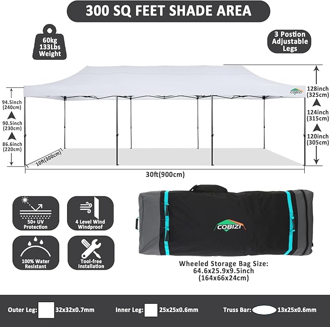 COBIZI 10x30 Pop Up Canopy Without Sidewall,Heavy Duty Canopy UPF 50+ All Season Wind Waterproof Commercial Outdoor Wedding Party Tents for Parties Gazebo with Roller Bag(10 x 30 ft White)