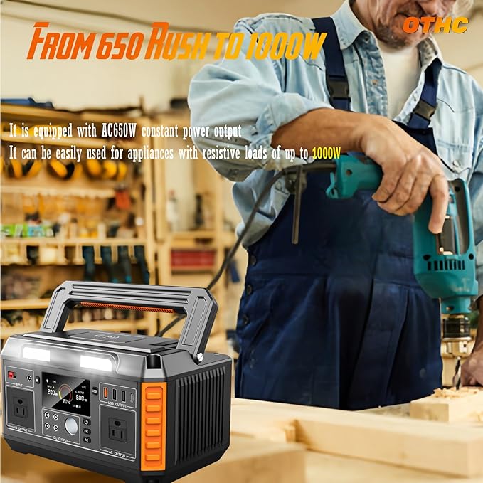 Portable Power Station 600W Output(1000W peak) 520Wh Capacity, fast charging, 4-Way Charging, Wireless Phone Charging, BMS Battery management system.