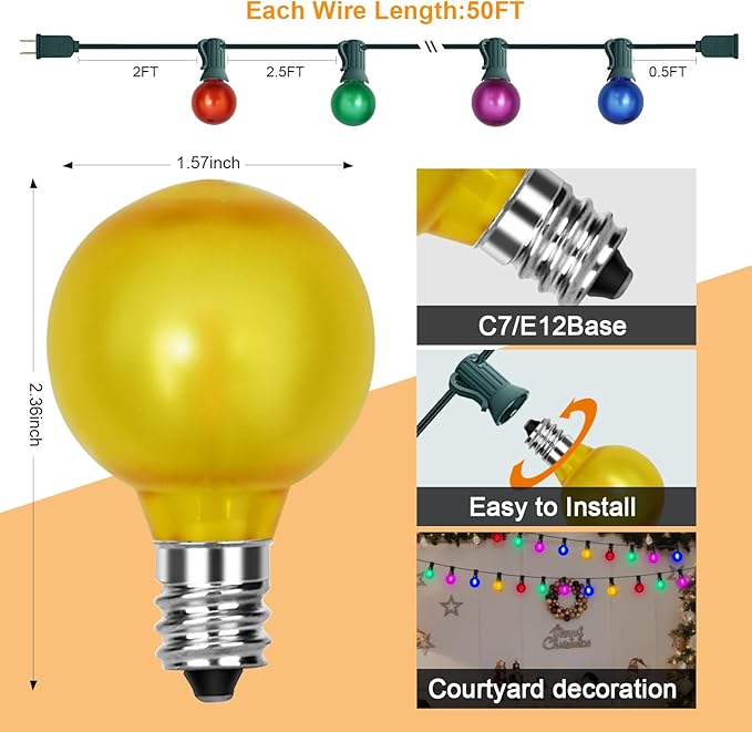 50Ft Outdoor Multicolor Christmas Lights, G40 Frosted Globe Patio String Lights with 27 Ceramic Colorful Bulbs(2 Spare), Connectable Vintage Christmas Bistro Lights for Holiday Party Backyard Christma