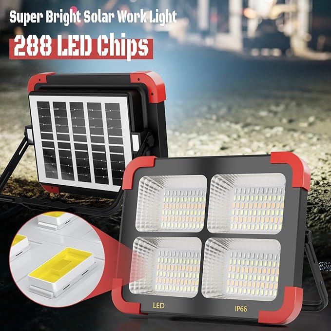 100W Solar LED Work Light - Ultra Bright Portable Flood Light with Stand IP66 Waterproof 5 Modes Rechargeable Lamp for Job Site, Camping, Fishing, Car Repair & Emergency