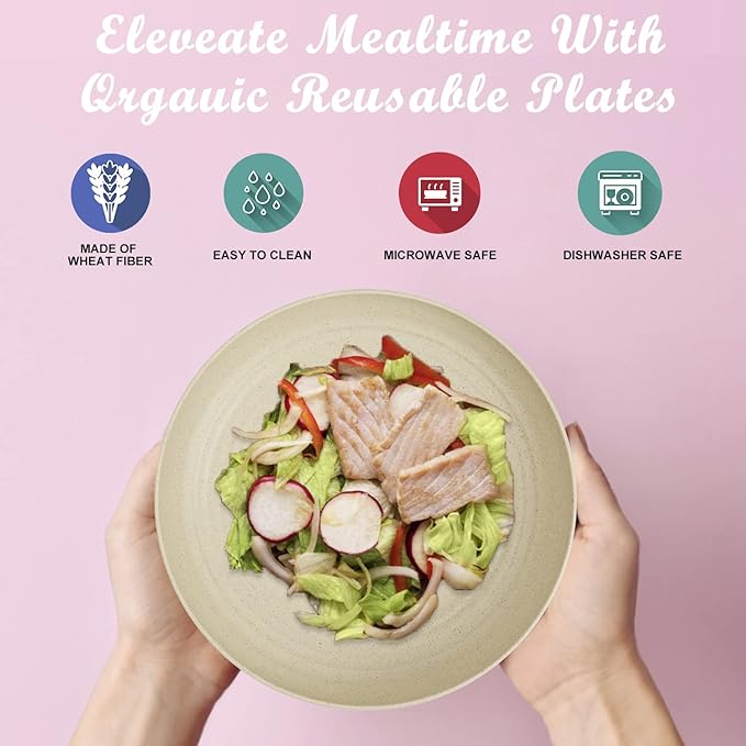 Wheat Straw Plates - 8 Inch Unbreakable Dinner Plates Set of 8 - Dishwasher & Microwave Safe Plastic Plates Reusable - Lightweight Small Plates for kitchen,R.V. (Beige)