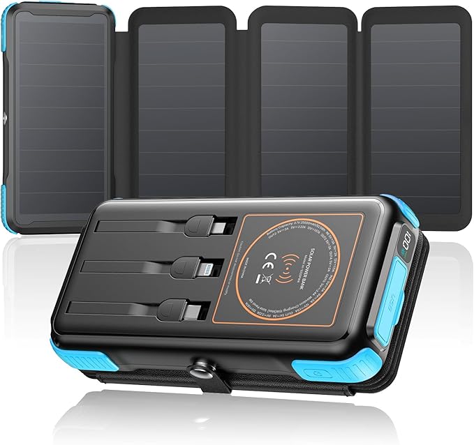 SOARAISE Solar Charger 25000mAh/92500mWh Wireless Portable Charger, 20W Fast Charging Power Bank with Built-in 3 Cables, PD QC 3.0 Phone Battery Pack with 4 Solar Panels & Flashlights for Camping