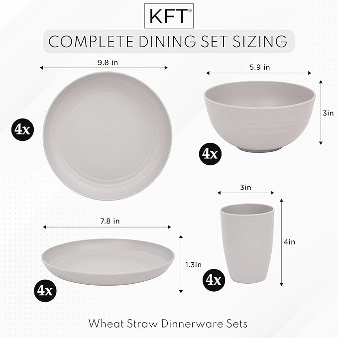Wheat Straw Dinnerware Sets for 4 - KFT Lightweight & Unbreakable Dishes Microwave & Dishwasher Safe Perfect for Camping, Picnic, RV, Dorm Plates, Cups and Bowls (Gray)