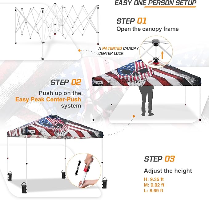 EAGLE PEAK Pop Up Canopy Tent with Wheeled Carry Bag, 8 Stakes, 4 Ropes, 4 Weight Bags, Easy Set Up Tent Canopy, 10x10 ft, 100sqft of Shade, Americana Skull