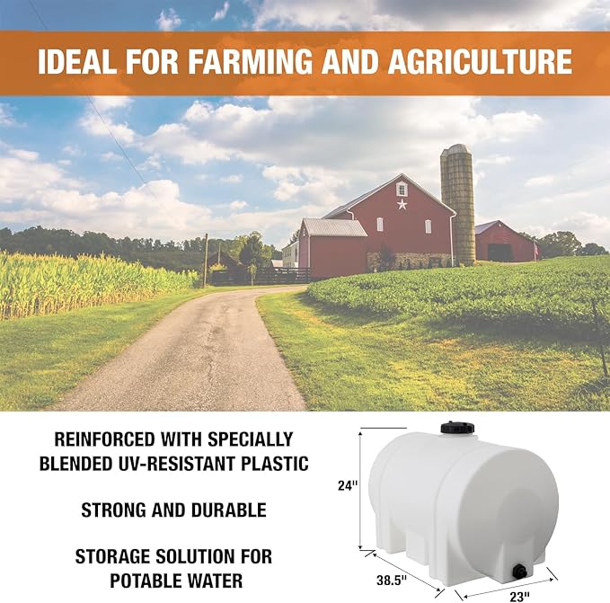 RomoTech 82123939 Horizontal Polyethylene Reservoir Water Tank w/Legs, 60 gal, Made In USA, Natural Poly Tank for Non-Flammable Liquids, UV-Resistant, Ideal for Agricultural Use, RV Water Storage