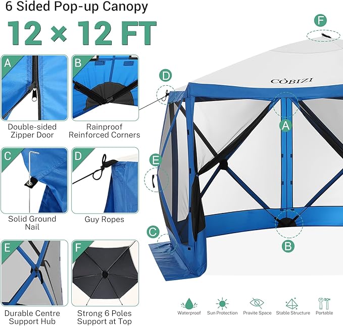 COBIZI 12x12ft Pop up Gazebo Screen House Tent for Camping, Camping Outdoor Screened Gazebo with Mosquito Netting, Portable Hub Tent with Carrying Bag and Ground Stakes, Blue(Upgraded 2.0)
