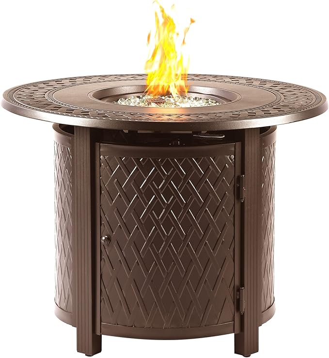 Round 34 in. x 34 in. Aluminum Propane Fire Pit Table with Glass Beads, Two Covers, Lid, 37,000 BTUs in Brown Finish