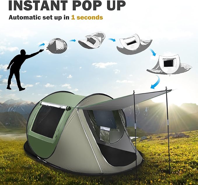 Instant Pop Up Tent, Automatic Easy Setup Outdoor Waterproof Windproof Family Tent, Upgraded 2 Doors Vestibule Sun Shelter for 2-3 People Outdoor Camping,Travelling,Hiking, Beach,Green