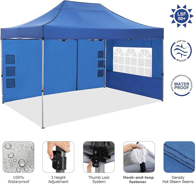 COBIZI 10x15 Pop Up Canopy with 4 Sidewall,Heavy Duty Canopy UPF 50+ All Season Wind Waterproof Commercial Outdoor Wedding Party Tents for Parties Gazebo with Carry Bag(10 x 15 ft Blue)