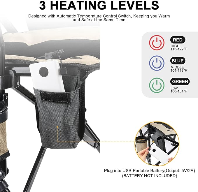 REALEAD Heated Camping Chair - Fully Padded - Heated Chairs Outdoor Sports - Supports 400 lbs - Portable Heated Outdoor Camp Chair for Sport Events - Battery NOT Included