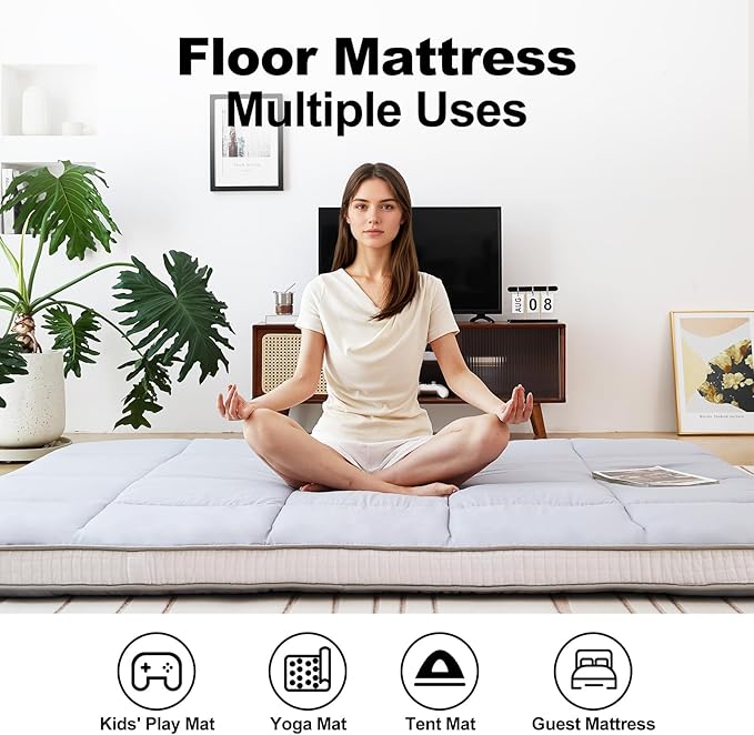 Tiita Queen Memory Foam Mattress Topper, 4" Thicken Futon Floor Mattress with Storage Bag and 2 Straps, Portable Roll Up Travel Car Camping Mattress Sleeping Pad, Grey