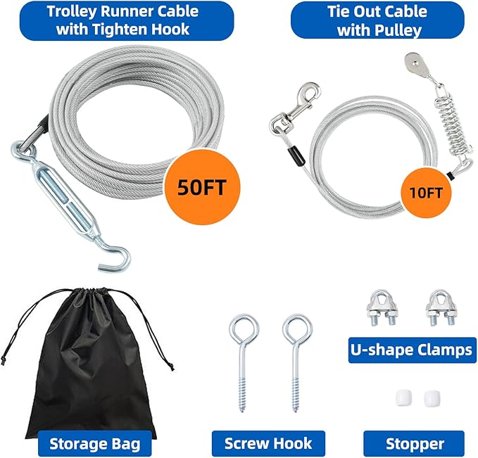50FT Dog Runner for Yard with 10FT Tie Out Cable - Heavy Duty Trolley System for Large Dogs Up to 250LBS, Backyard/Park/Camping Use (Silver, 50FT+10FT)