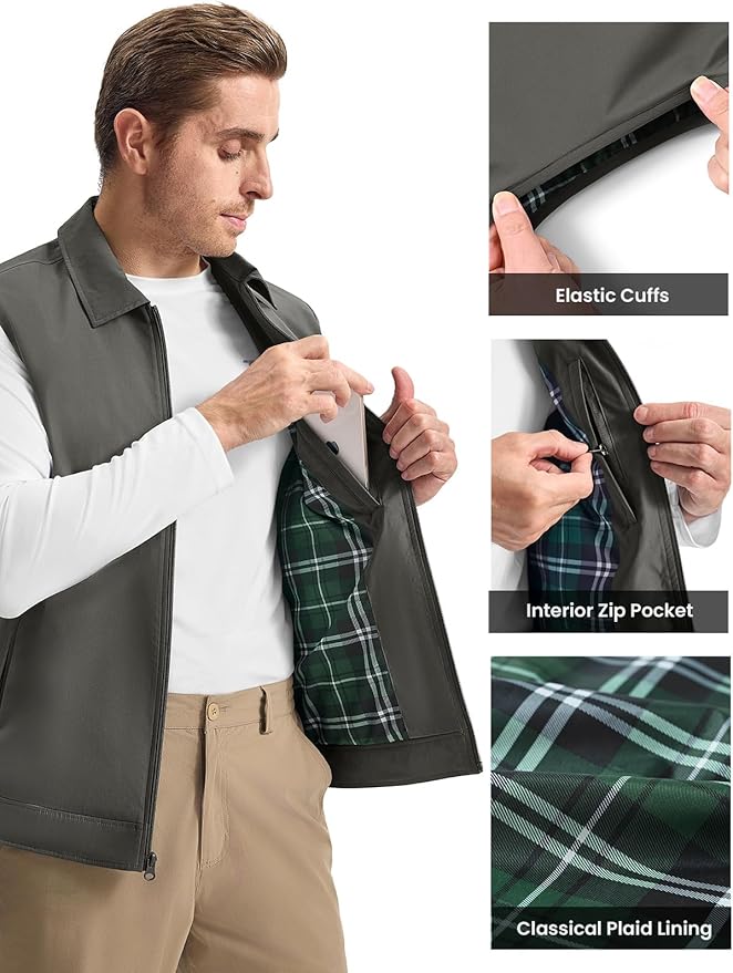 Rdruko Men's Golf Vest Lightweight Outerwear Windproof Water Resistant Grid Lining Vest with Zipper Pockets for Casual