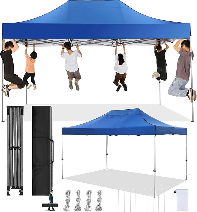 COBIZI 10x15 Pop Up Canopy Without Sidewall,Heavy Duty Canopy UPF 50+ All Season Wind Waterproof Commercial Outdoor Wedding Party Tents for Parties Gazebo with Carry Bag(10 x 15 ft Blue)