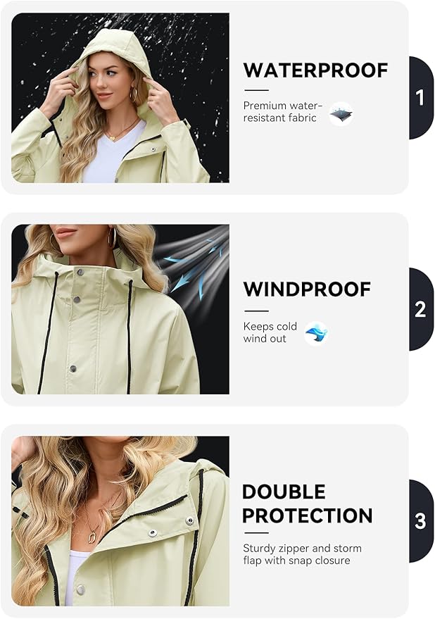 Zando Long Packable Rain Jacket Women Waterproof - Raincoat for Women Rain Coat with Hood Lightweight Outdoor Windbreaker