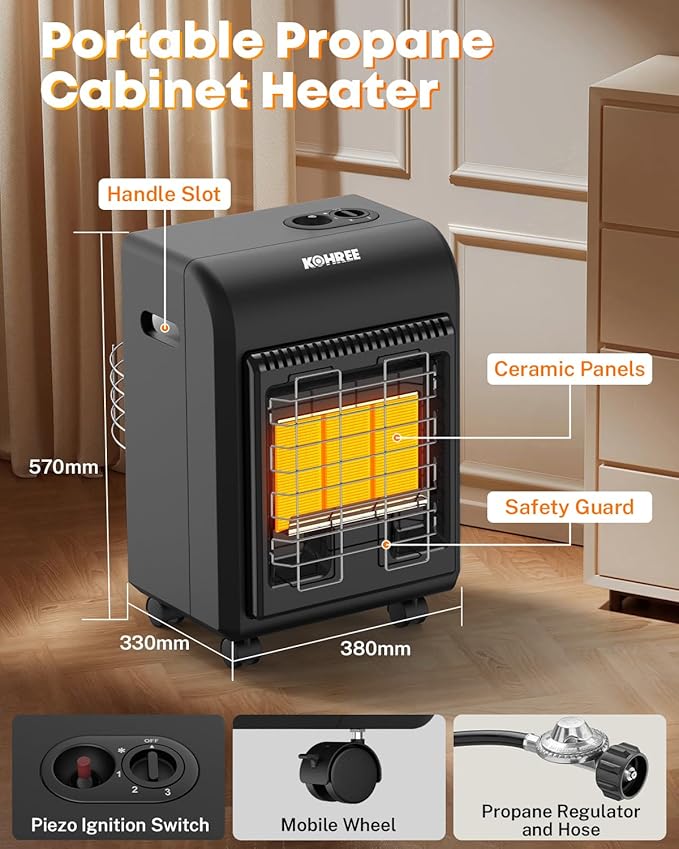 Kohree Propane Heater, 18,000 BTU Portable LP Gas Heater with ODS & Tip-over Protection, Gas Regulator & Hose, Outdoor Propane Tank Heater for Patio, Garage, Camping, Heating Up to 450 Sq. Ft (Black)