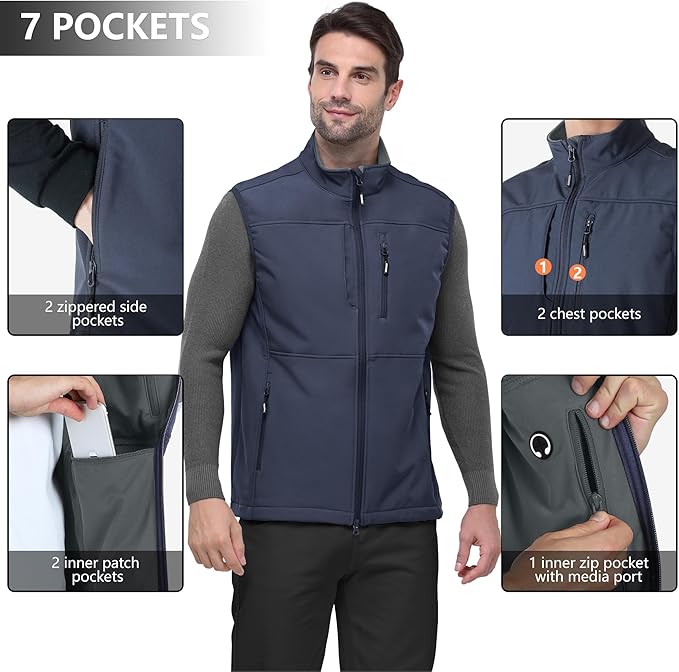 Outdoor Ventures Men's Running Vest Outerwear, Lightweight Windproof Fleece-Lined Softshell Sleeveless Jacket for Golf