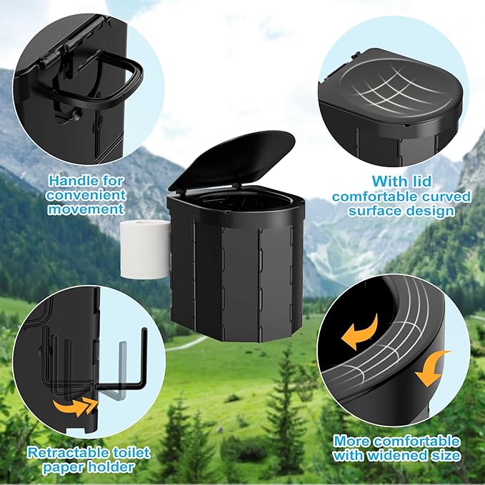 Portable Toilet for Camping, Porta Potty for Adults, Outdoor Folding Travel Toilet with Lid and Retractable Paper Holder, Includes Carry Bag, Female Urination Device and 4 Disposable Urine Bags