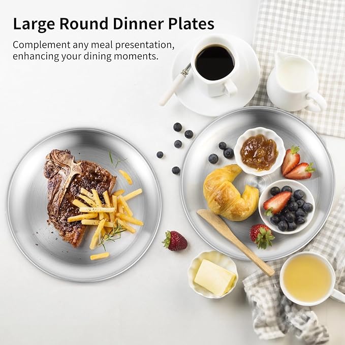 OMISTAR 10 Pcs Stainless Steel Dinner Plates, Reusable Brushed Metal Plates, 10 inch Round Dinner Dishes, Serving Plates for Main Dishes, Unbreakable Kitchenware, Dishwasher Safe