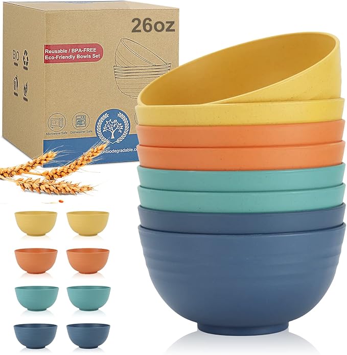Wheat Straw Bowl Sets,8 PCS Unbreakable Cereal Bowl 26 OZ,Microwave and Dishwasher Safe Bowls,Bowl Sets for Camping and Picnic BPA Free Colorful Salad Bowls for Serving Soup,Oatmeal and Fruit Etcβ¦