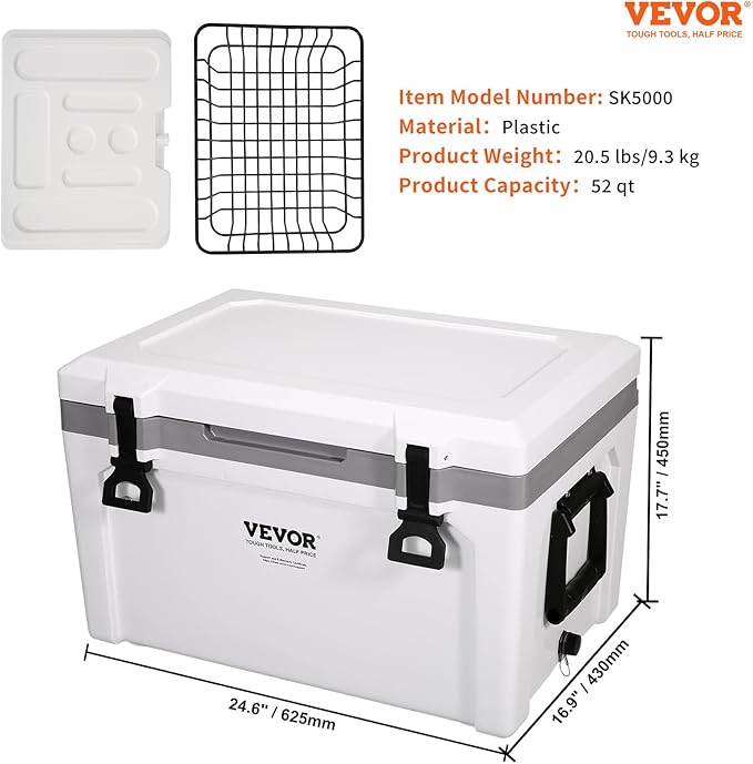 VEVOR Ultra-Light Hard Cooler, Ice Retention Cooler with Heavy Duty Handle, Ice Chest Lunch Box for Camping, Travel, Outdoor, Keeps Cool for up to 6 Days, 30% Lighter Than Rotomolded Coolers