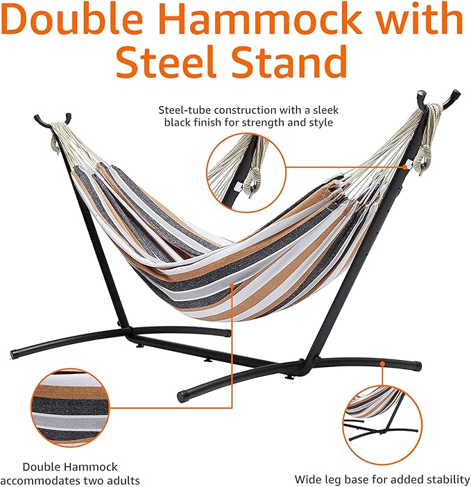 Amazon Basics Double 2 Person Heavy Duty Hammock with Space Saving Steel Stand and Carrying Case, 470lb Capacity, Multi Color, 118 x 46 x 39 inches