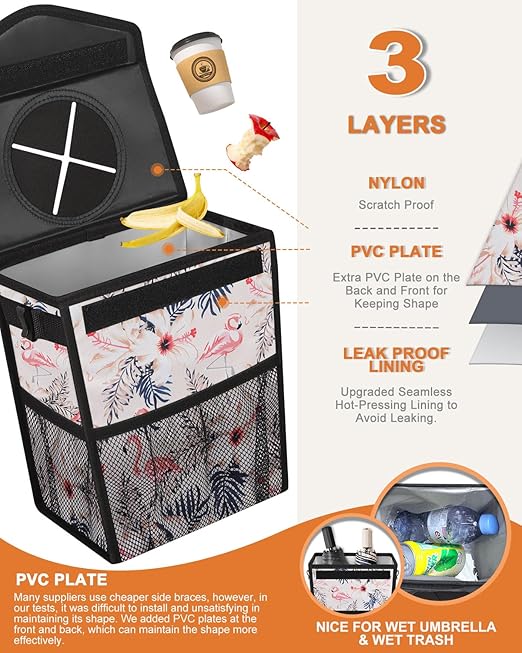 Car Trash Can with Lid, Cute Leakproof Car Trash Garbage Bag Hanging Vehicle Trash Bin Small Portable Automotive Garbage Cans Organizer for Back/Front Seat/Console(2.8 gal,Flamingo Print