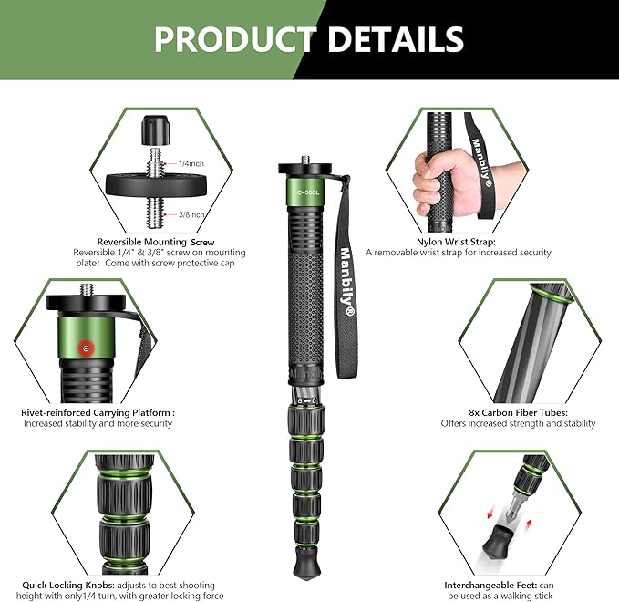Manbily Carbon Fiber Camera Monopod, 61-inch Portable Compact Lightweight Travel Monopod Walking Stick for DSLR Camera Canon Nikon Sony Video (Green)