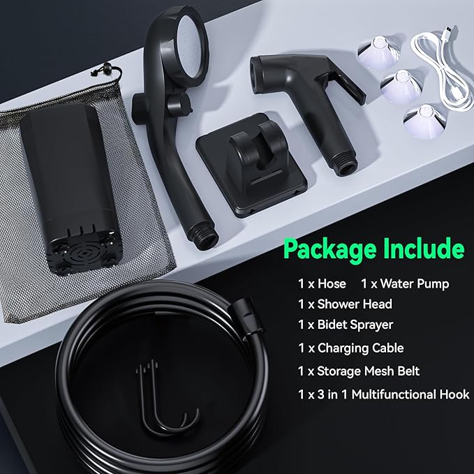 Portable Shower for Camping, 6000mAh Rechargeable Camping Shower Pump with Power & Temperature Display, Shower Head and Bidet Sprayer,Outdoor Shower Pump for Hiking, Travel, Pet