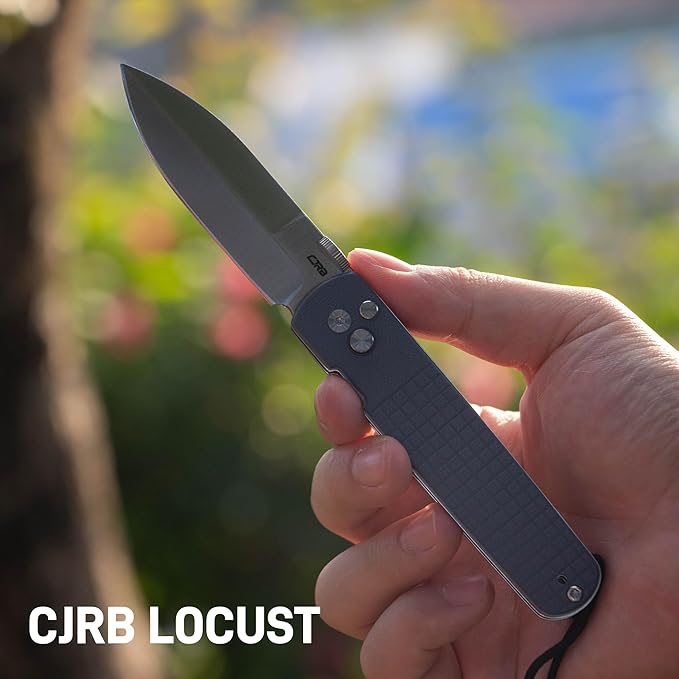 CJRB Locust Folding Pocket Knife, 3.15'' AR-RPM9 Steel Blade G10 Handle Pocket Knives, Button Lock with Safety Switch EDC Knife for Men Women Camping Survival(1951 Blue)
