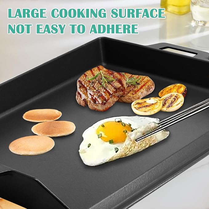Hiorucet 18 Inch Cast Iron Griddle, Large Flat Top Plate for Gas Grills and Range Oven, Universal BBQ Cooking Grill Griddle Pan Insert with Handles for Indoor/Outdoor, Camping, Tailgating, Parties.