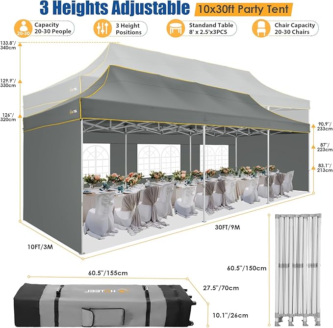 HOTEEL 10x30 Pop up Canopy Tent for Parties, Heavy Duty Easy Setup Tent with 5 Sidewalls, Outdoor Commercial Instant Gazebo for Wedding Event, with Roller Bag & Sand Bags, Grey(Hexagonal Frame)