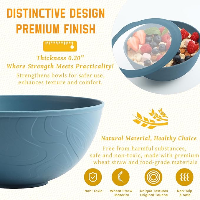 Homienly Bowls for Kitchen, Wheat Straw Bowls with Lids, Salad Container for Lunch, Unbreakable Microwave and Dishwasher Safe 40 OZ Large Bowl for Soup, Cereal, Ramen, RV, Camping, College Dorm, Blue