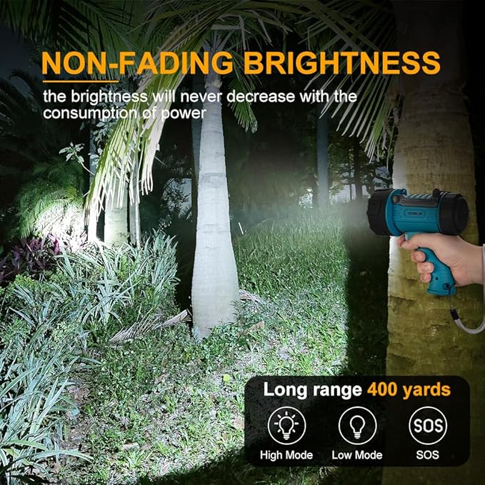 YIERBLUE Rechargeable Spotlight with Super Bright High Lumen LED, IP67 Waterproof Handheld Flashlight Searchlight with Detachable Red Light Filter