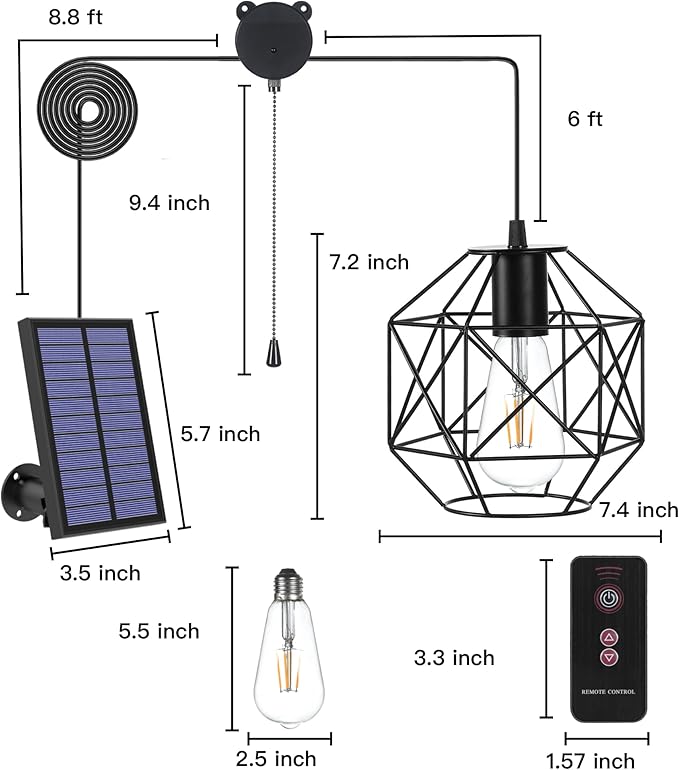 MEIHONG Solar Pendant Lights Outdoor, Waterproof Metal Solar Hanging Lights, Gazebo Lights, Indoor/Outdoor Lights with Pull Cord for Home Shed Barn Garage Storage
