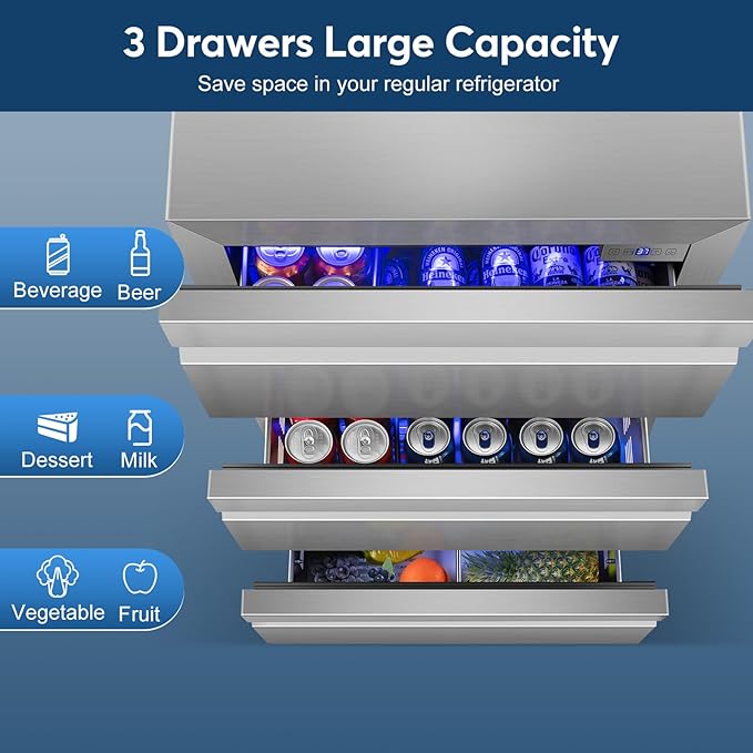 Stainless Steel 3-Tier Drawer Fridge Undercounter, Outdoor Beverage Refrigerator with Wheels, Waterproof Design and Temperature Control for Home and Commercial Use