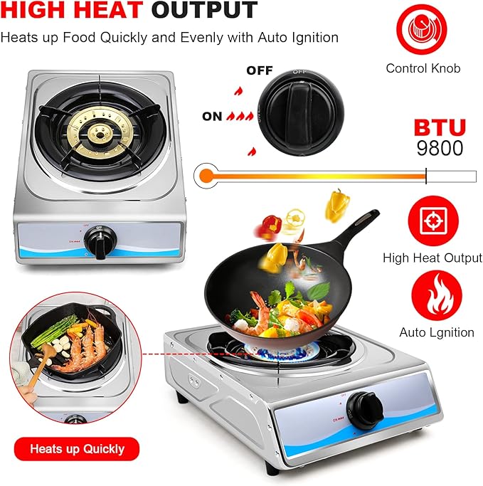 Propane Gas Cooktop,Single Burner Gas Stove Stainless Steel Portable Gas Stove,Auto Ignition Camping Single Burner LPGfor RV, Apartments, Outdoor