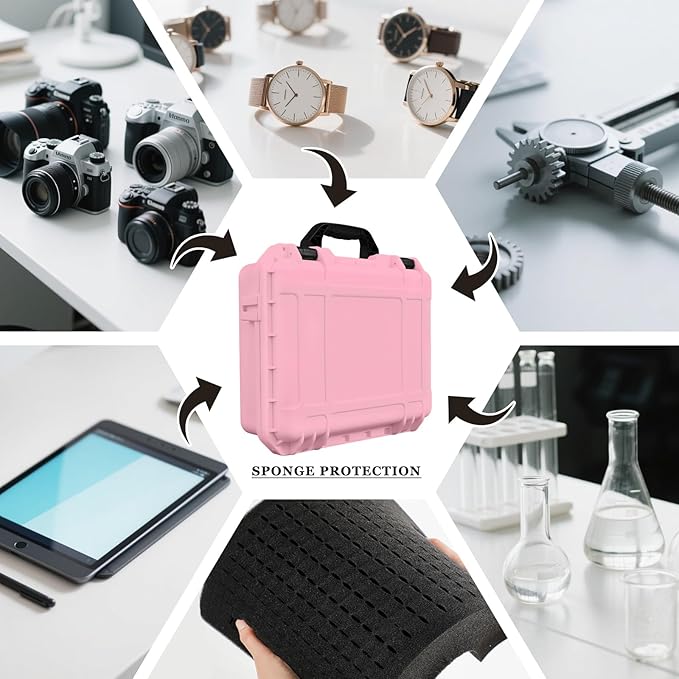 14.3 x 11.4 x 4.5 Inch Waterproof Hard Case with DIY Customizable Foam Insert Portable Protective Case with Knife for Camera Drones Equipments Tools Test Instruments (Pink)