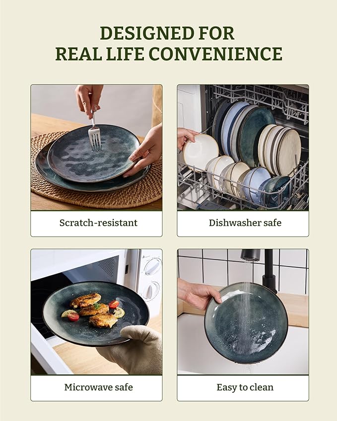 Famiware Ocean Round Plates and Bowls Set, 18 Pieces Dinnerware Sets, Dishes Set for 6, Reactive Glaze, Microwave and Dishwasher Safe, Scratch Resistant, Deep Forest