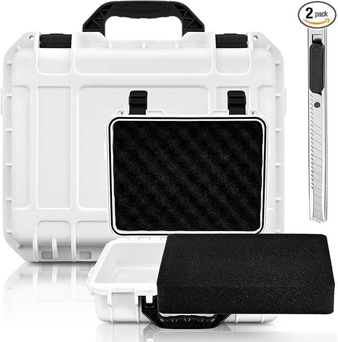 16.3 x 12.4 x 6.5 Inch Waterproof Hard Case with DIY Customizable Foam Insert Portable Protective Case with Knife for Camera Drones Equipments Tools Test Instruments (White)