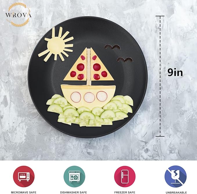 Wheat Straw Dinner Plates 9 Inch Unbreakable Set of 8 - Dishwasher & Microwave Safe Plastic Plates Reusable - Lightweight Plates for Kitchen,Camping,Apartment,Dorm,RV - Pure Black