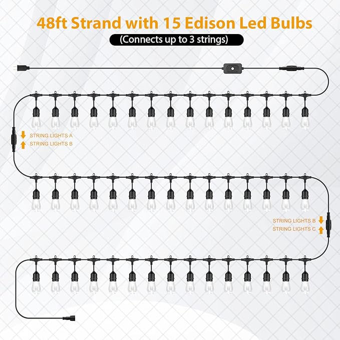 Mlambert 144Ft(3x48ft) 3-Color in 1 48Ft Remote LED Dimmable Outdoor String Lights, Plug-in 2700K/4000K/5000K Waterproof Light for Patio Backyard